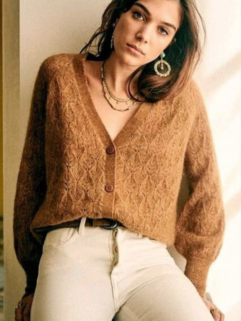 EUC Sezane Marlow Mohair Wool Fancy Knit Cardigan Cognac Brown XS